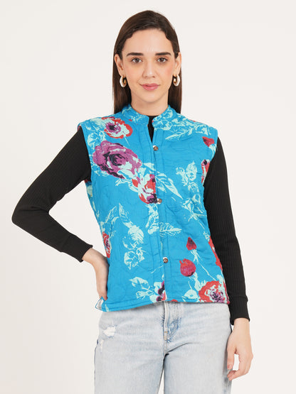 Women Floral Printed Quilted Reversible Jacket