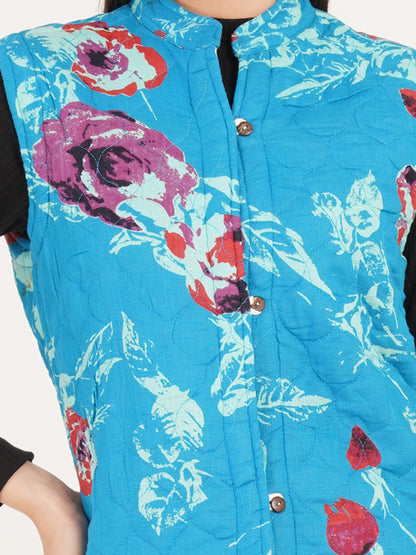 Women Floral Printed Quilted Reversible Jacket