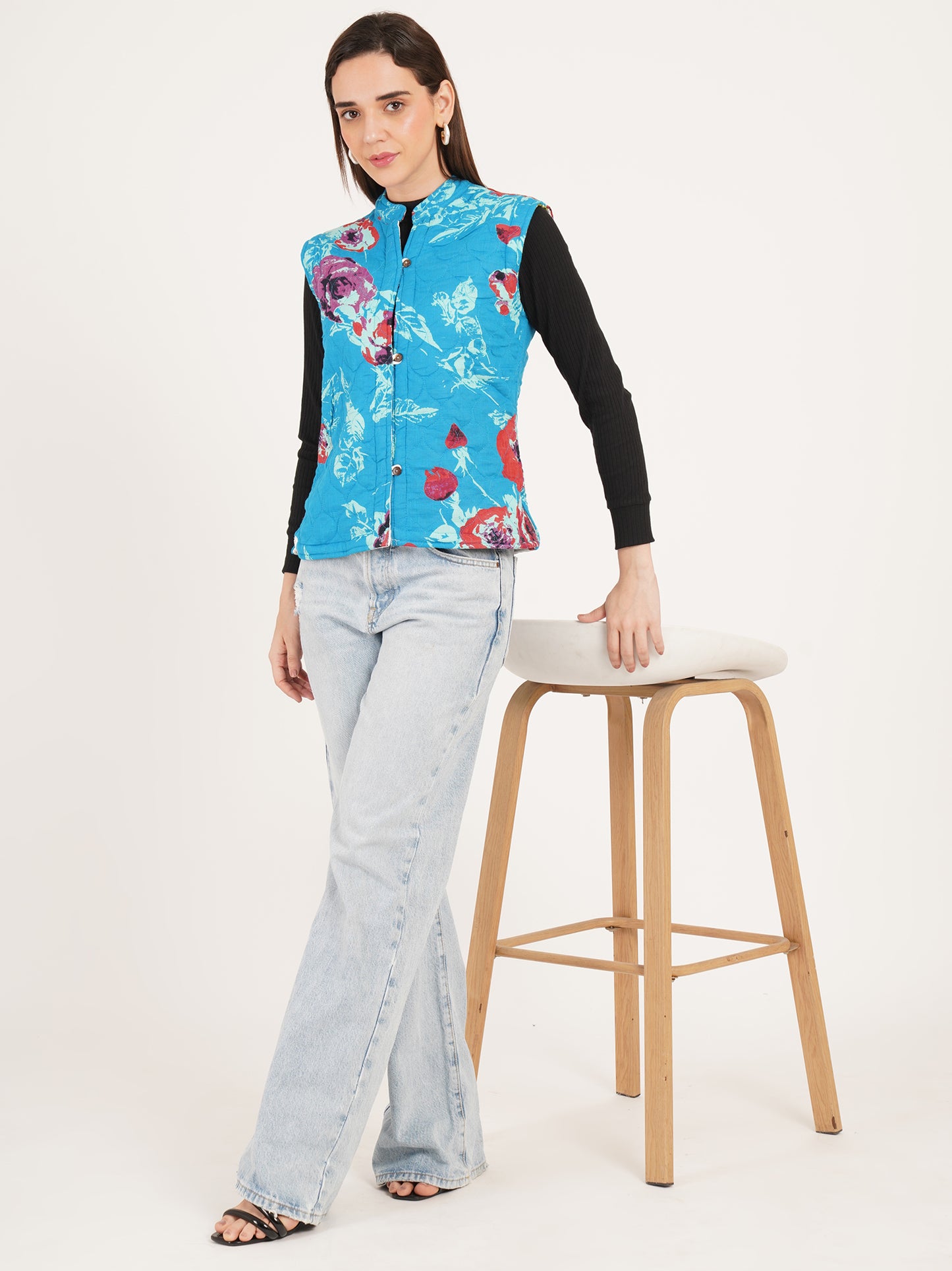 Women Floral Printed Quilted Reversible Jacket