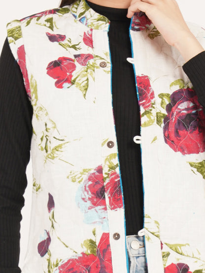 Women Floral Printed Quilted Reversible Jacket