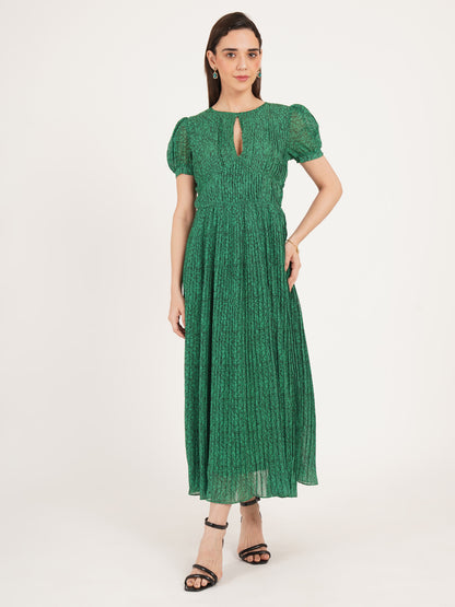 Women Green Pleated Short Sleeves Maxi Dress