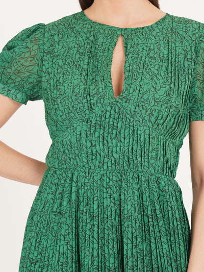 Women Green Pleated Short Sleeves Maxi Dress