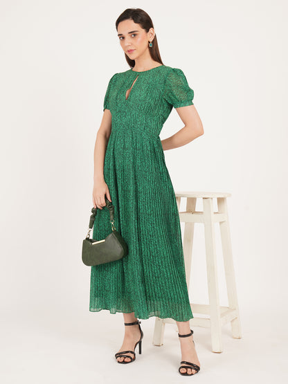 Women Green Pleated Short Sleeves Maxi Dress