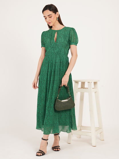 Women Green Pleated Short Sleeves Maxi Dress