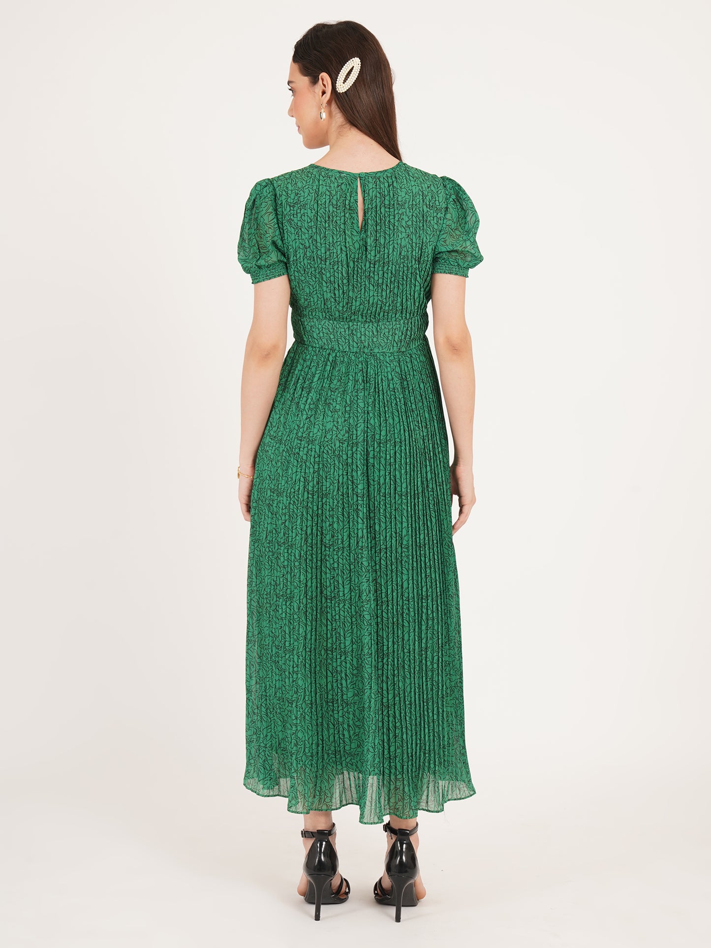 Women Green Pleated Short Sleeves Maxi Dress
