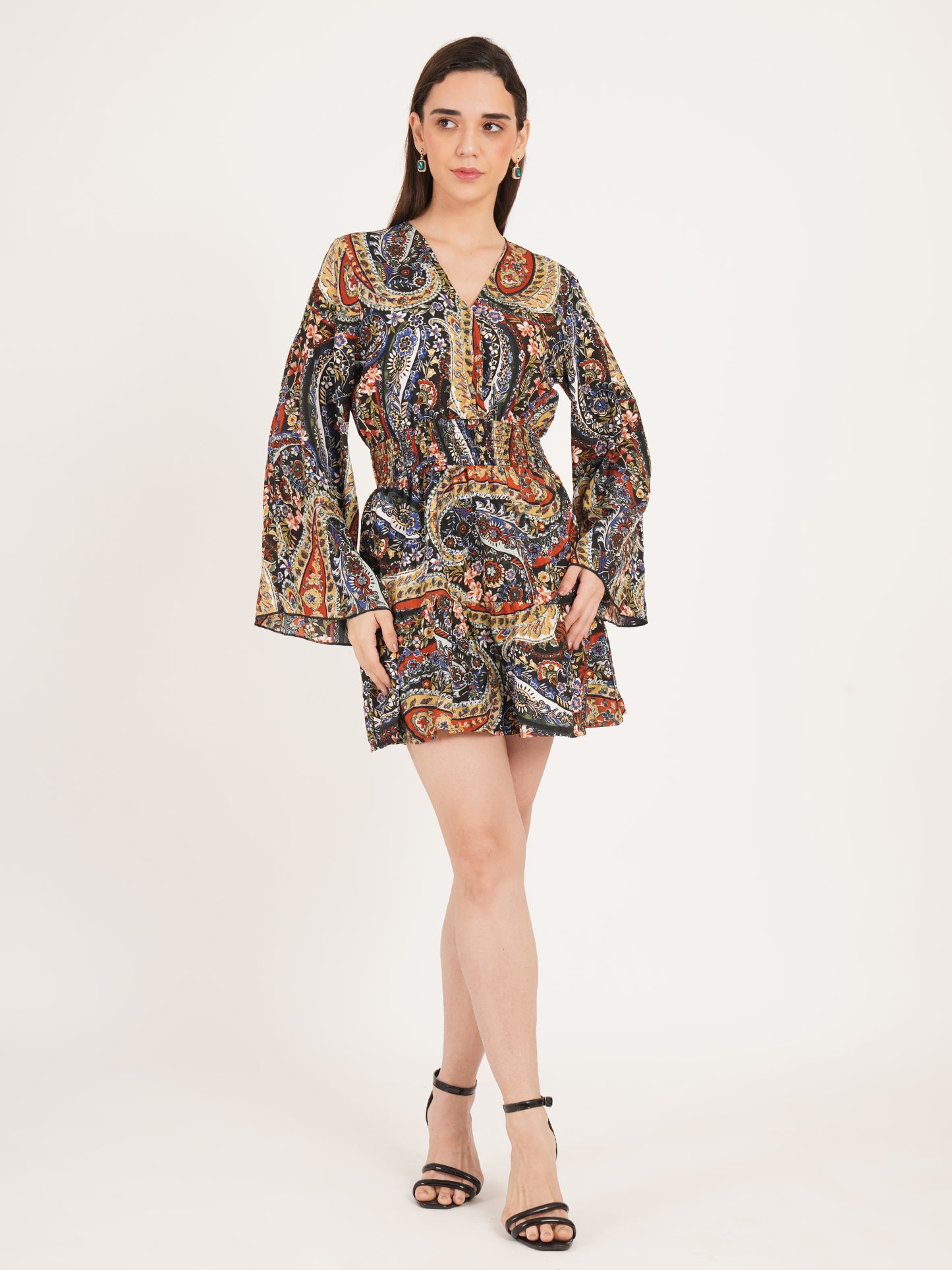 Women Black & Maroon Smocked V-Neck Mini Dress