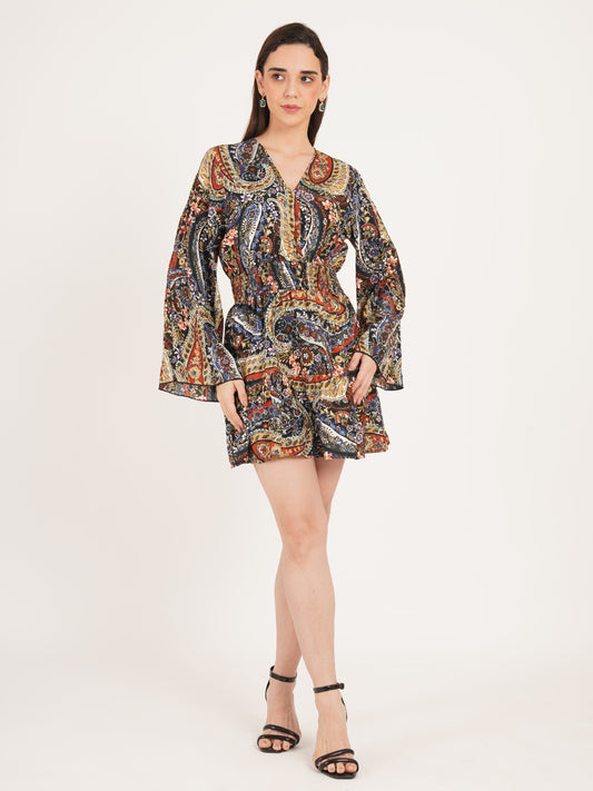 Women Black & Maroon Smocked V-Neck Mini Dress