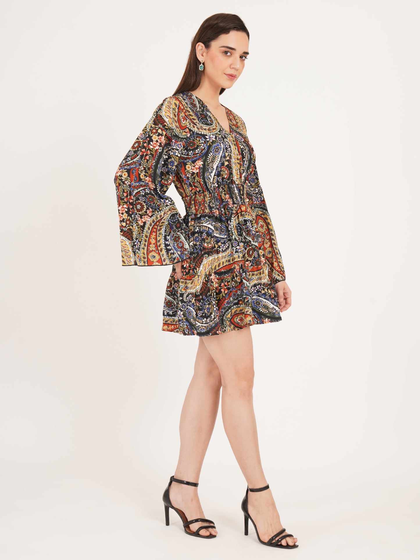 Women Black & Maroon Smocked V-Neck Mini Dress