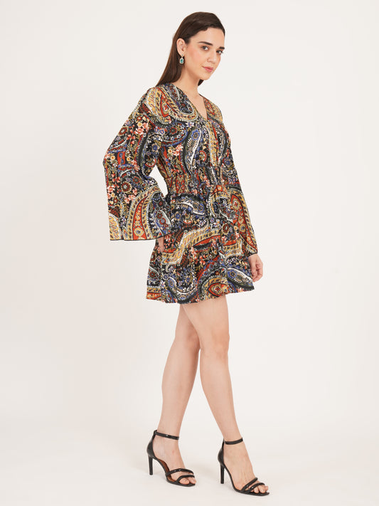 Women Black & Maroon Smocked V-Neck Mini Dress