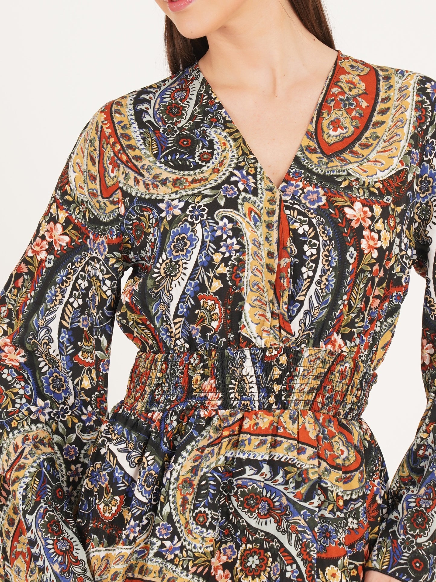 Women Black & Maroon Smocked V-Neck Mini Dress