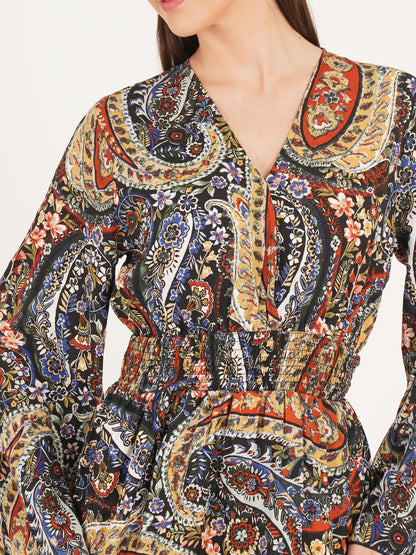 Women Black & Maroon Smocked V-Neck Mini Dress