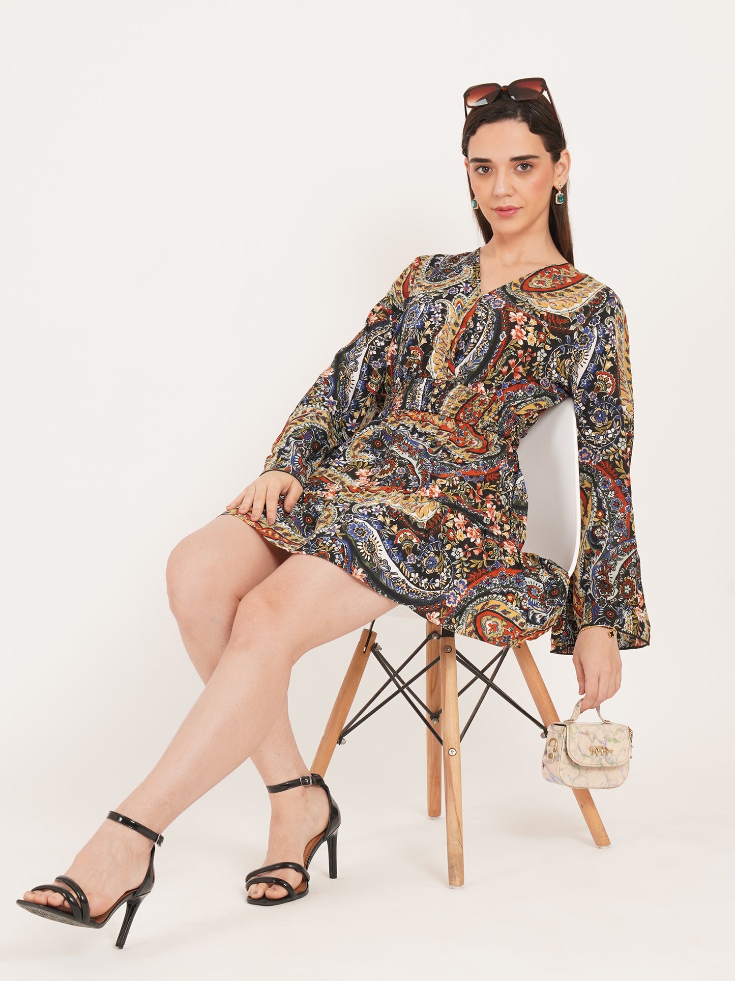 Women Black & Maroon Smocked V-Neck Mini Dress