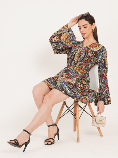 Women Black & Maroon Smocked V-Neck Mini Dress