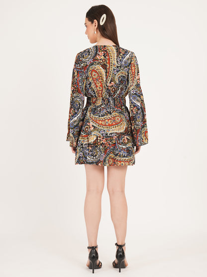 Women Black & Maroon Smocked V-Neck Mini Dress