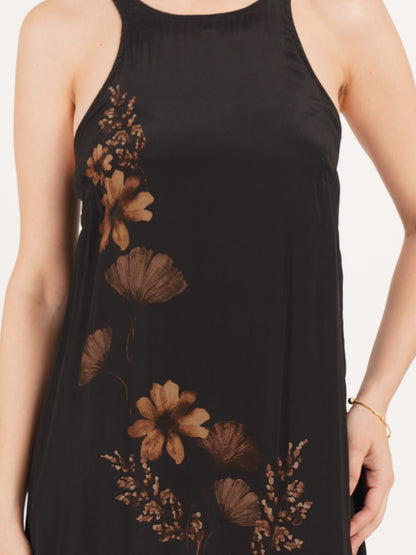Women Black & Beige Floral Print Lace Inserted Sleeveless A-Line Dress
