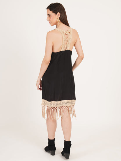 Women Black & Beige Floral Print Lace Inserted Sleeveless A-Line Dress