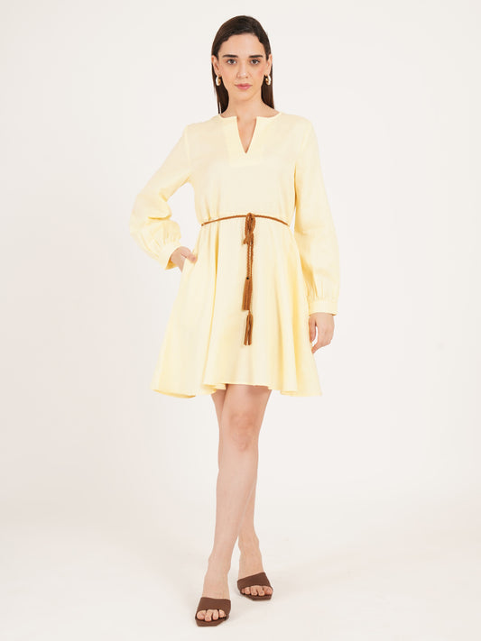 Women Yellow Full Sleeves Solid Mini Dress