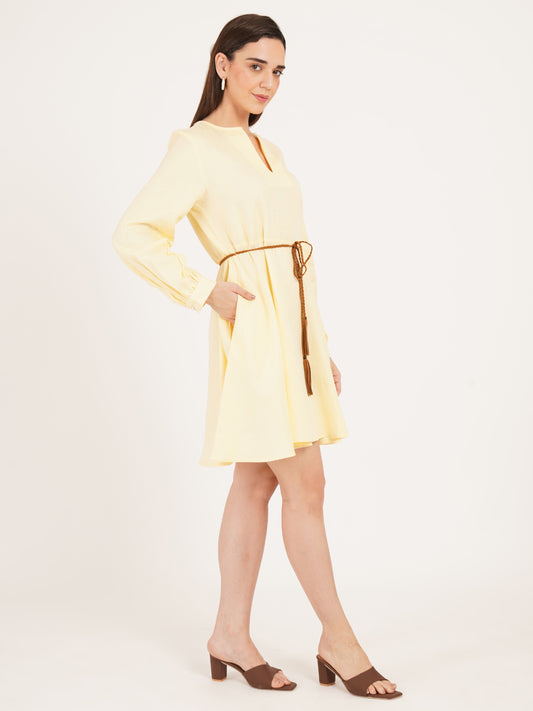 Women Yellow Full Sleeves Solid Mini Dress