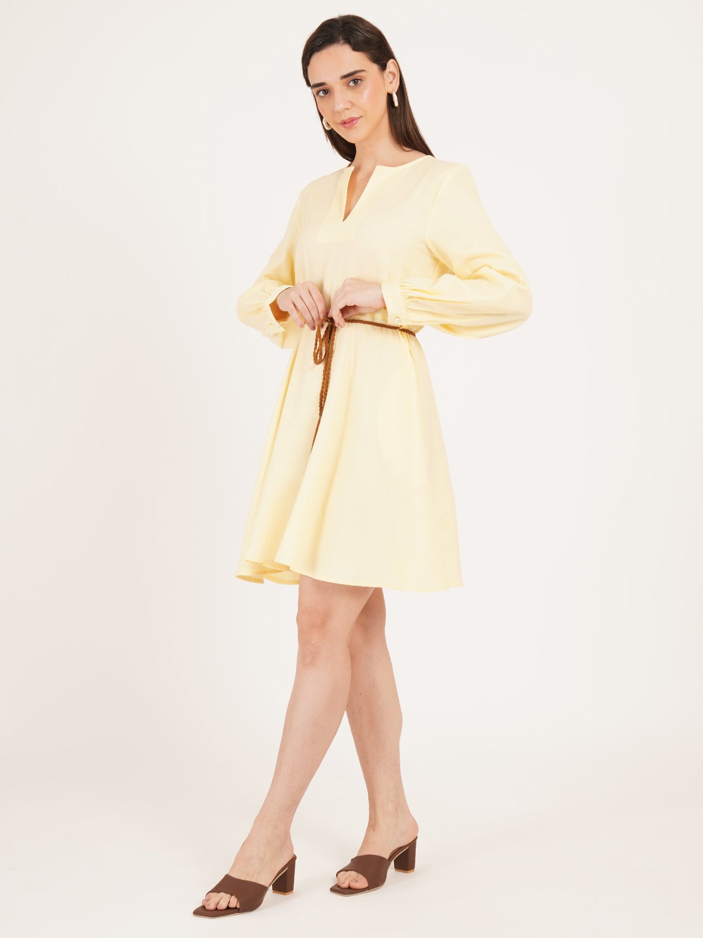 Women Yellow Full Sleeves Solid Mini Dress