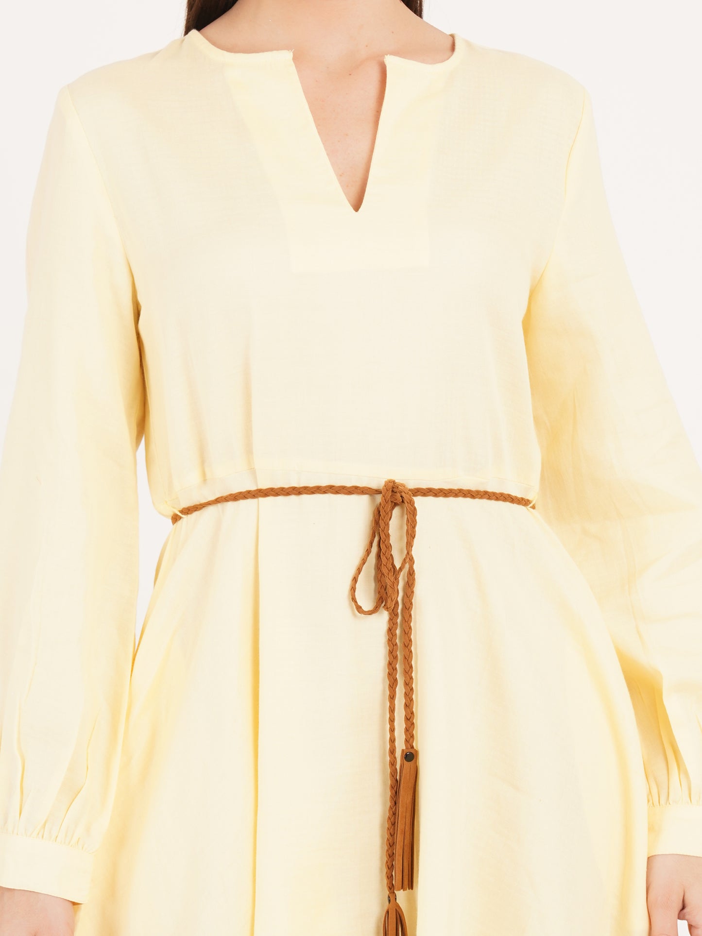 Women Yellow Full Sleeves Solid Mini Dress