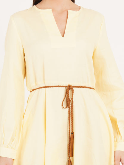 Women Yellow Full Sleeves Solid Mini Dress