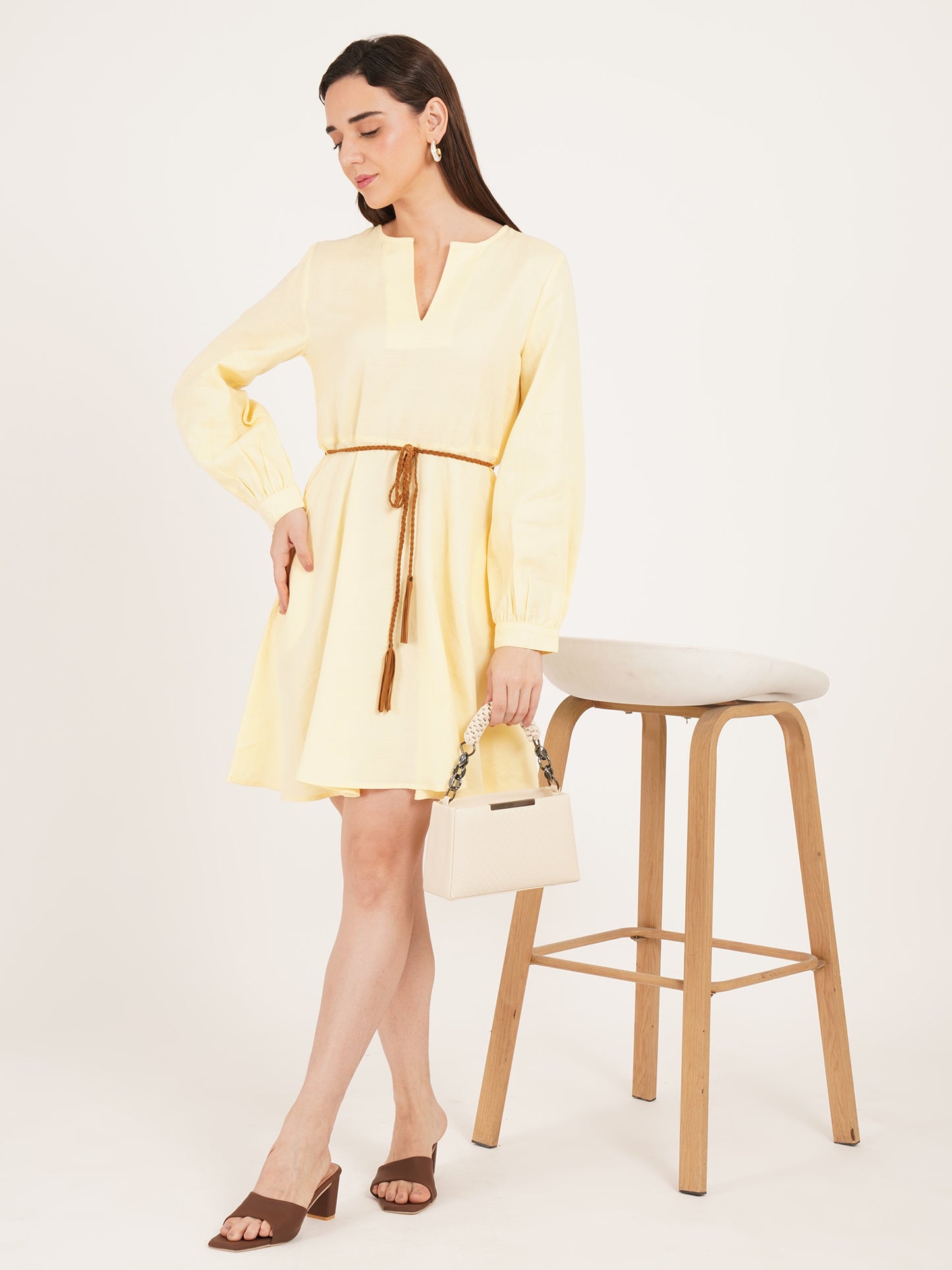 Women Yellow Full Sleeves Solid Mini Dress