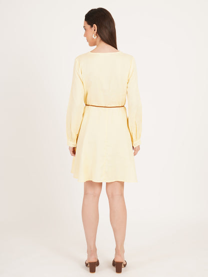Women Yellow Full Sleeves Solid Mini Dress