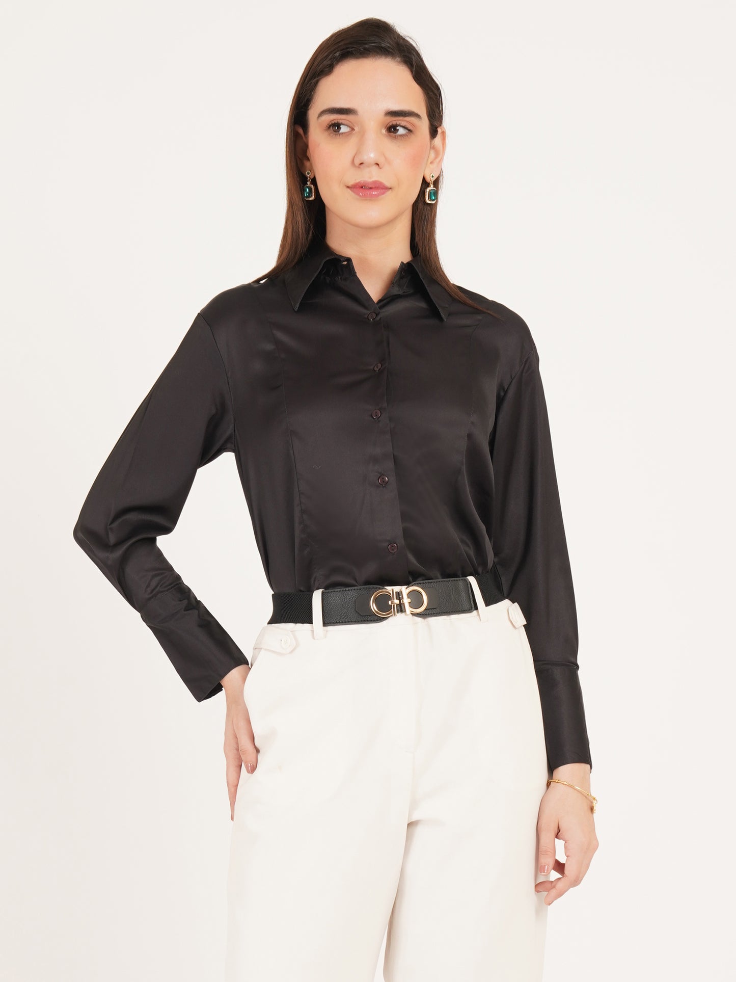 Women Black Solid Formal Full Sleeves Collared Top