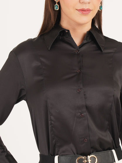 Women Black Solid Formal Full Sleeves Collared Top