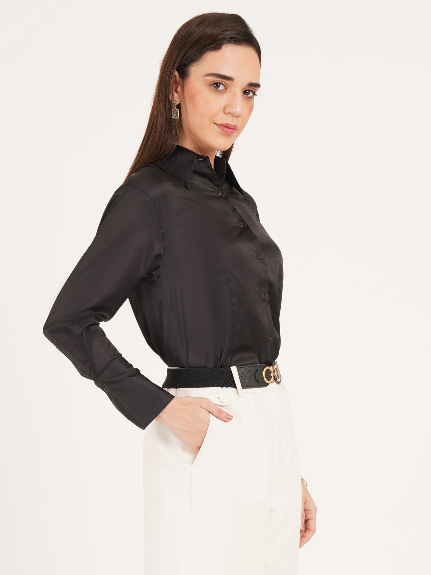 Women Black Solid Formal Full Sleeves Collared Top