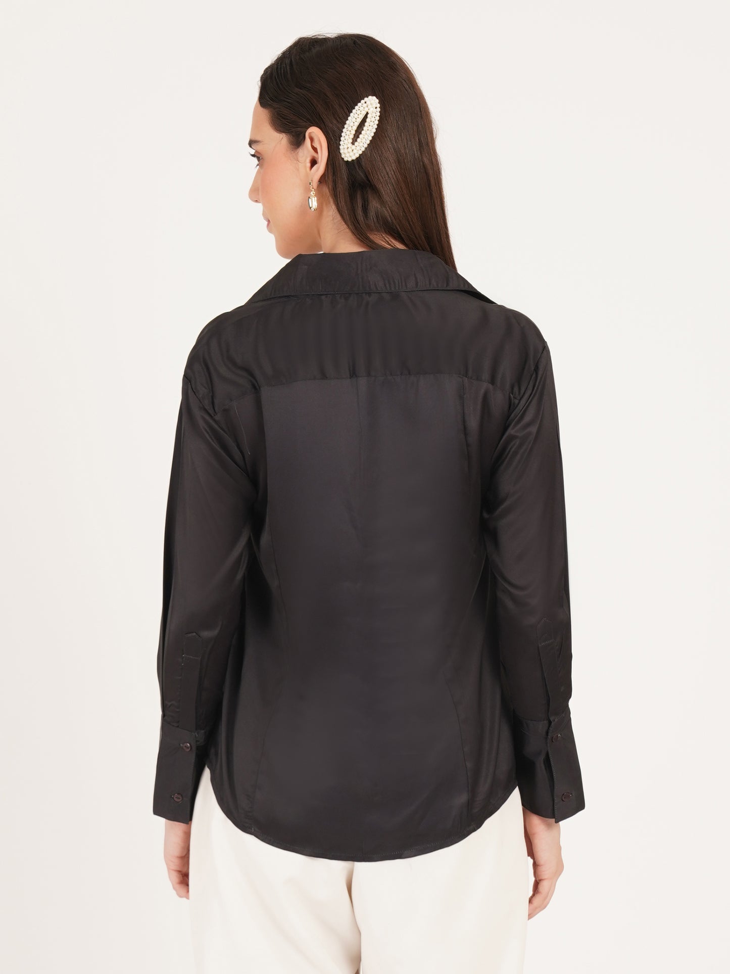 Women Black Solid Formal Full Sleeves Collared Top