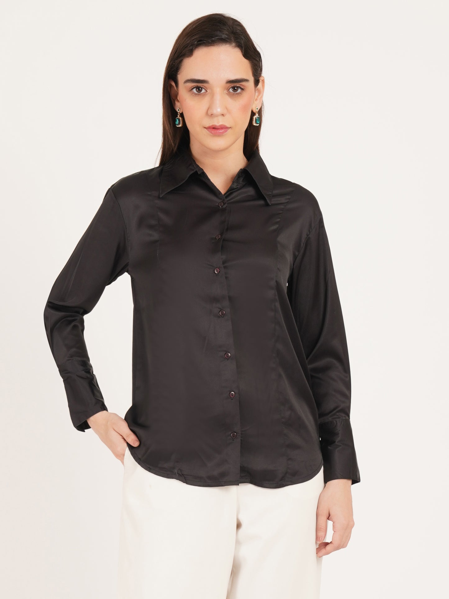 Women Black Solid Formal Full Sleeves Collared Top