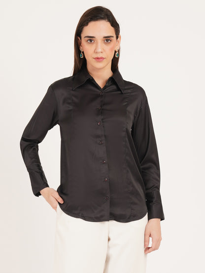 Women Black Solid Formal Full Sleeves Collared Top
