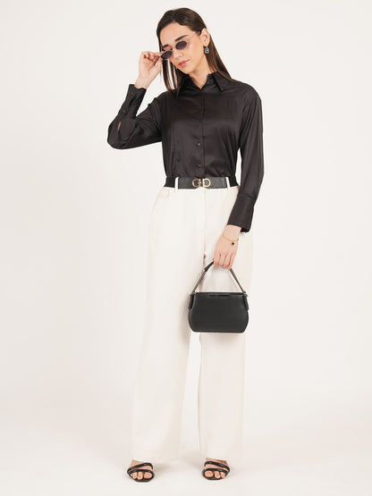 Women Black Solid Formal Full Sleeves Collared Top