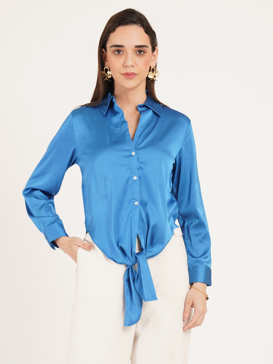 Women Fluorescent Blue Solid Tie-Up Collared Top
