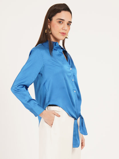 Women Fluorescent Blue Solid Tie-Up Collared Top