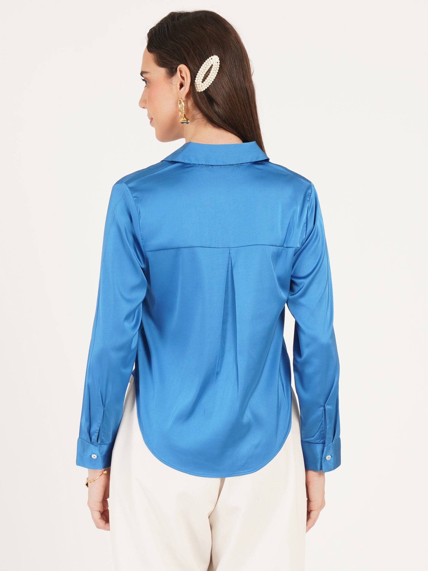 Women Fluorescent Blue Solid Tie-Up Collared Top
