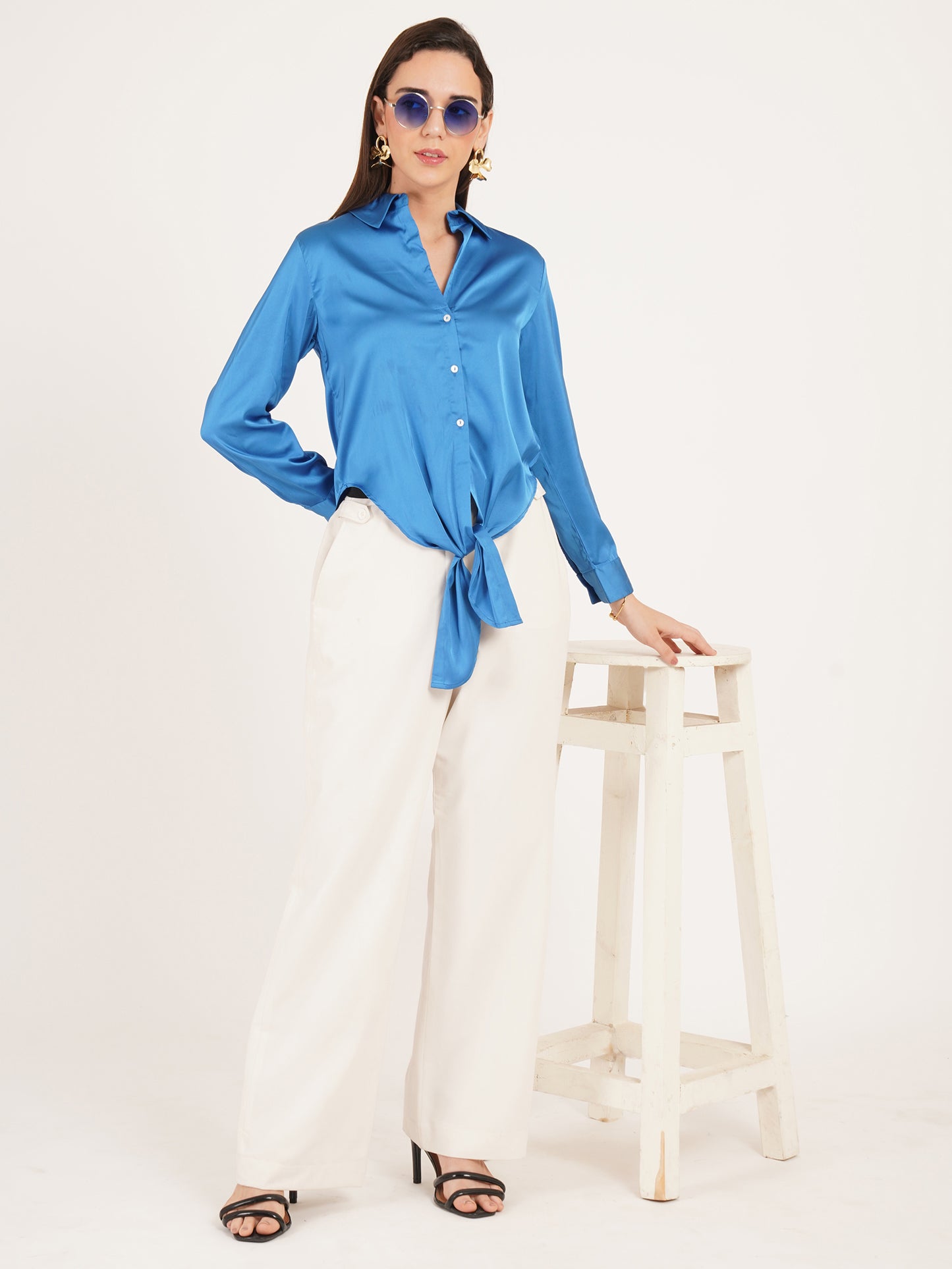 Women Fluorescent Blue Solid Tie-Up Collared Top