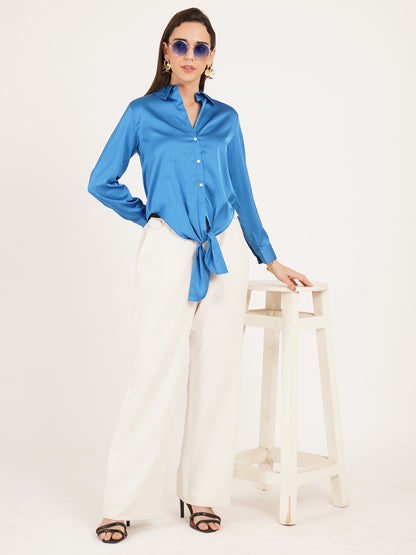 Women Fluorescent Blue Solid Tie-Up Collared Top