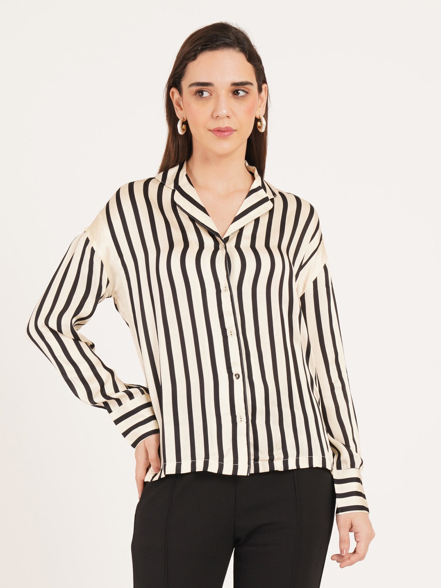 Women Black & Cream Stripe Satin Full Sleeves Collared Oversized Top