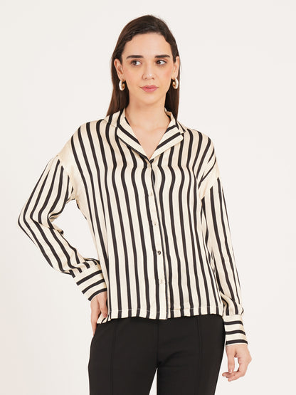 Women Black & Cream Stripe Satin Full Sleeves Collared Oversized Top