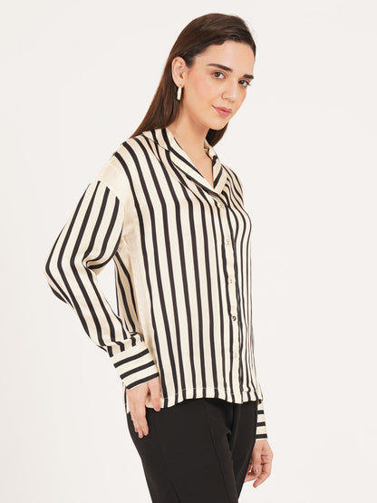 Women Black & Cream Stripe Satin Full Sleeves Collared Oversized Top