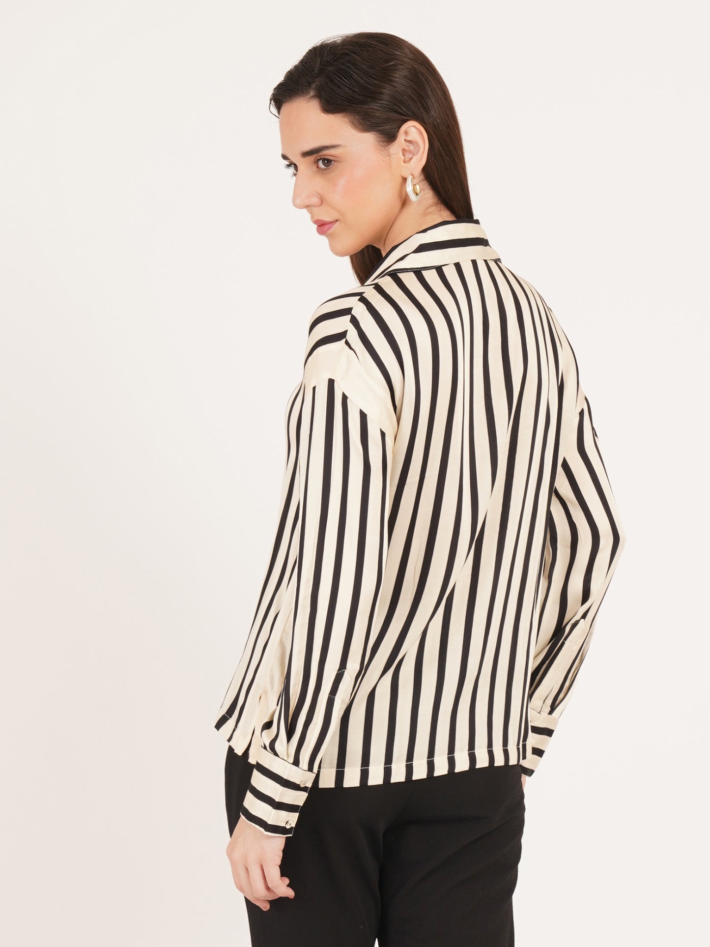Women Black & Cream Stripe Satin Full Sleeves Collared Oversized Top