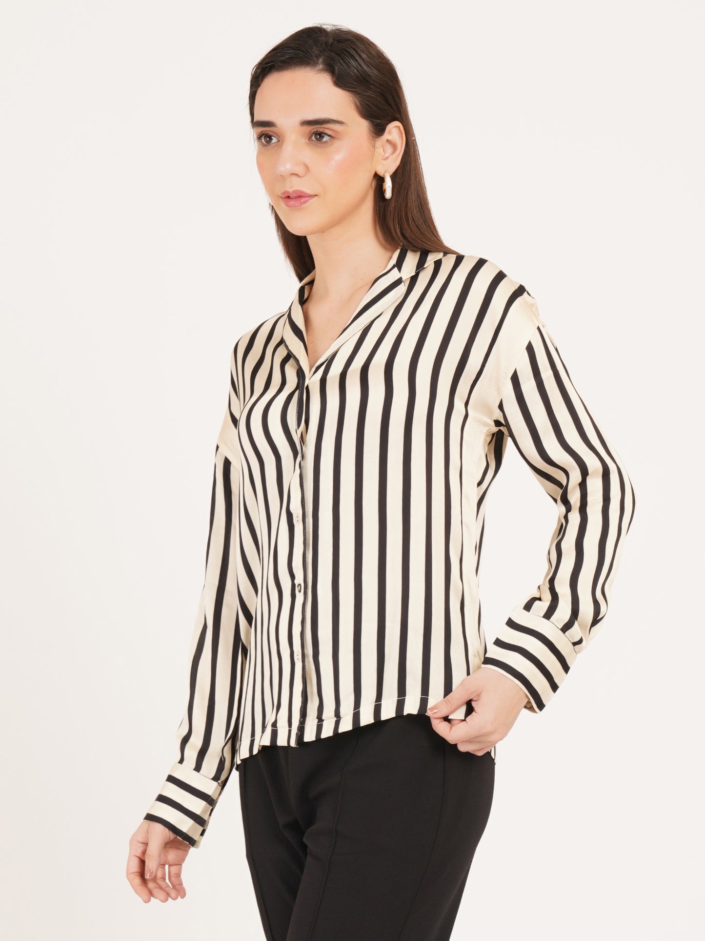Women Black & Cream Stripe Satin Full Sleeves Collared Oversized Top