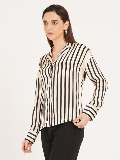 Women Black & Cream Stripe Satin Full Sleeves Collared Oversized Top