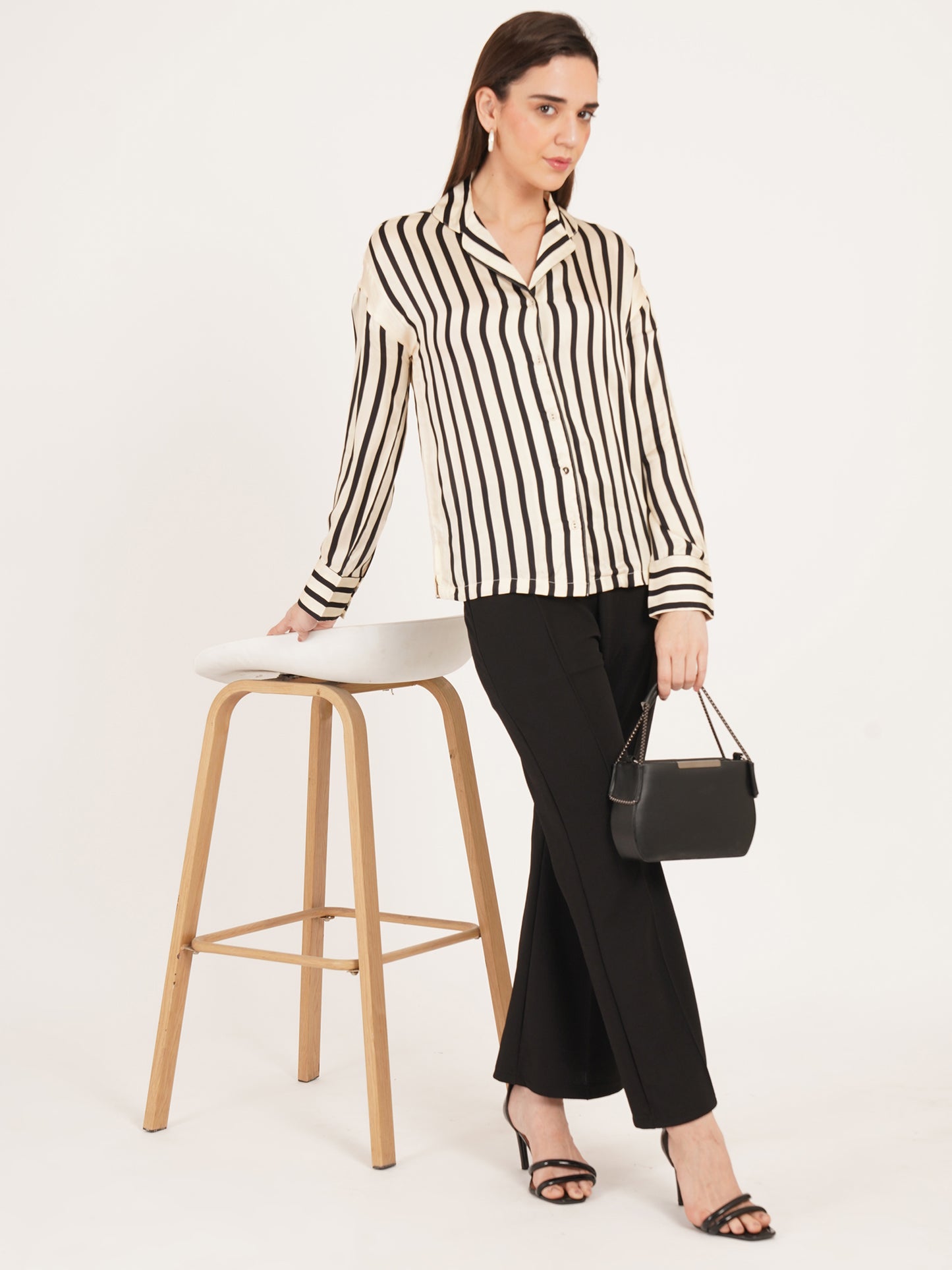 Women Black & Cream Stripe Satin Full Sleeves Collared Oversized Top