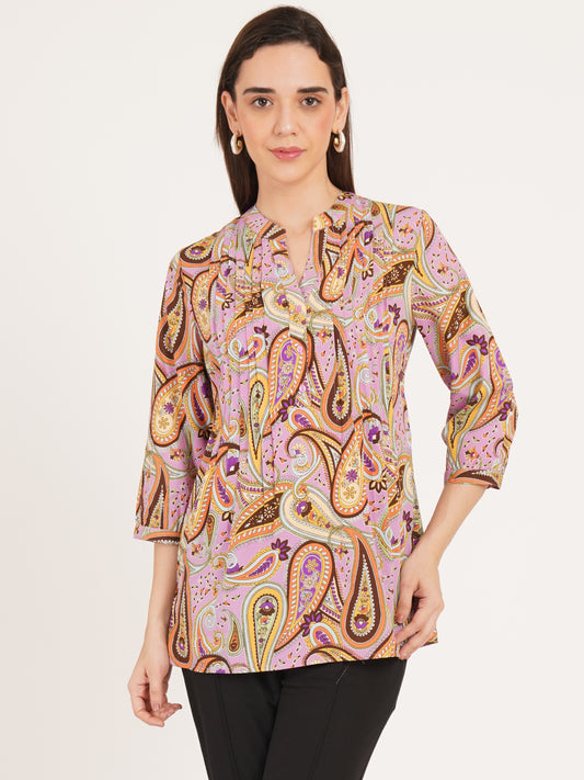 Women Brown & Purple Printed Mandarin Collar Oversized Top