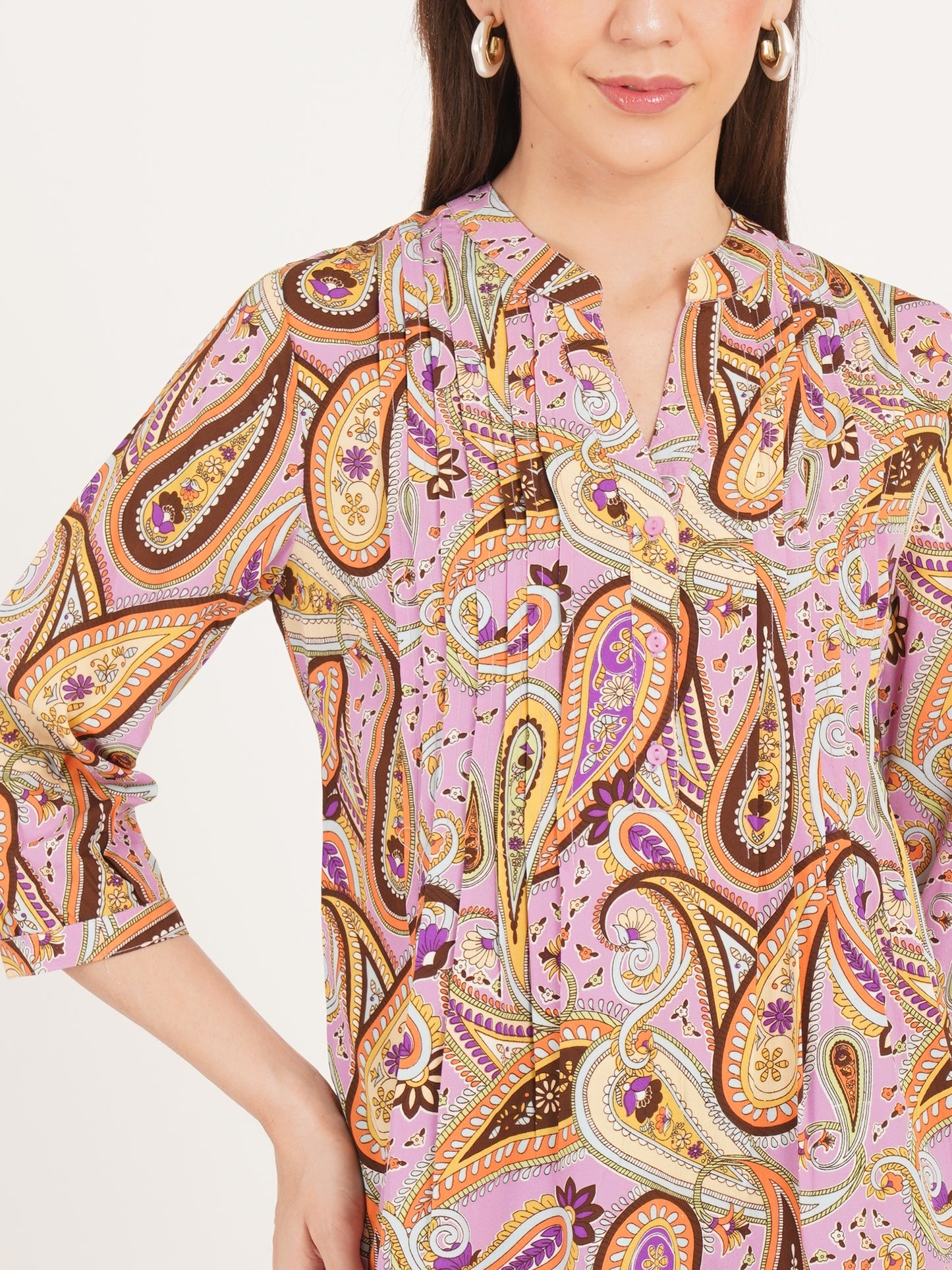 Women Brown & Purple Printed Mandarin Collar Oversized Top