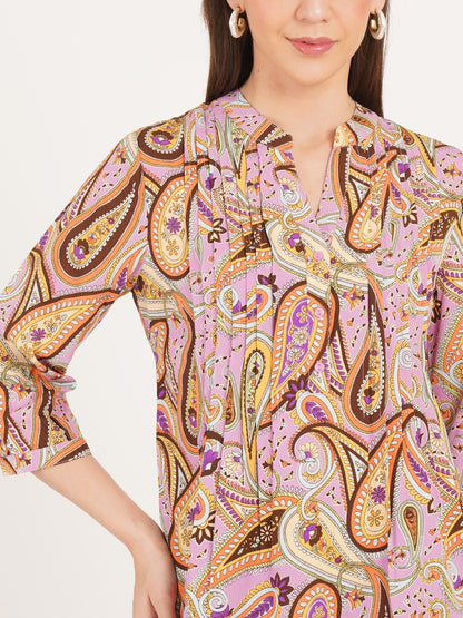 Women Brown & Purple Printed Mandarin Collar Oversized Top