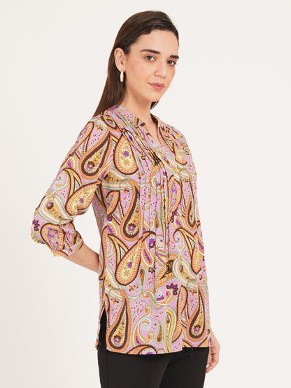 Women Brown & Purple Printed Mandarin Collar Oversized Top